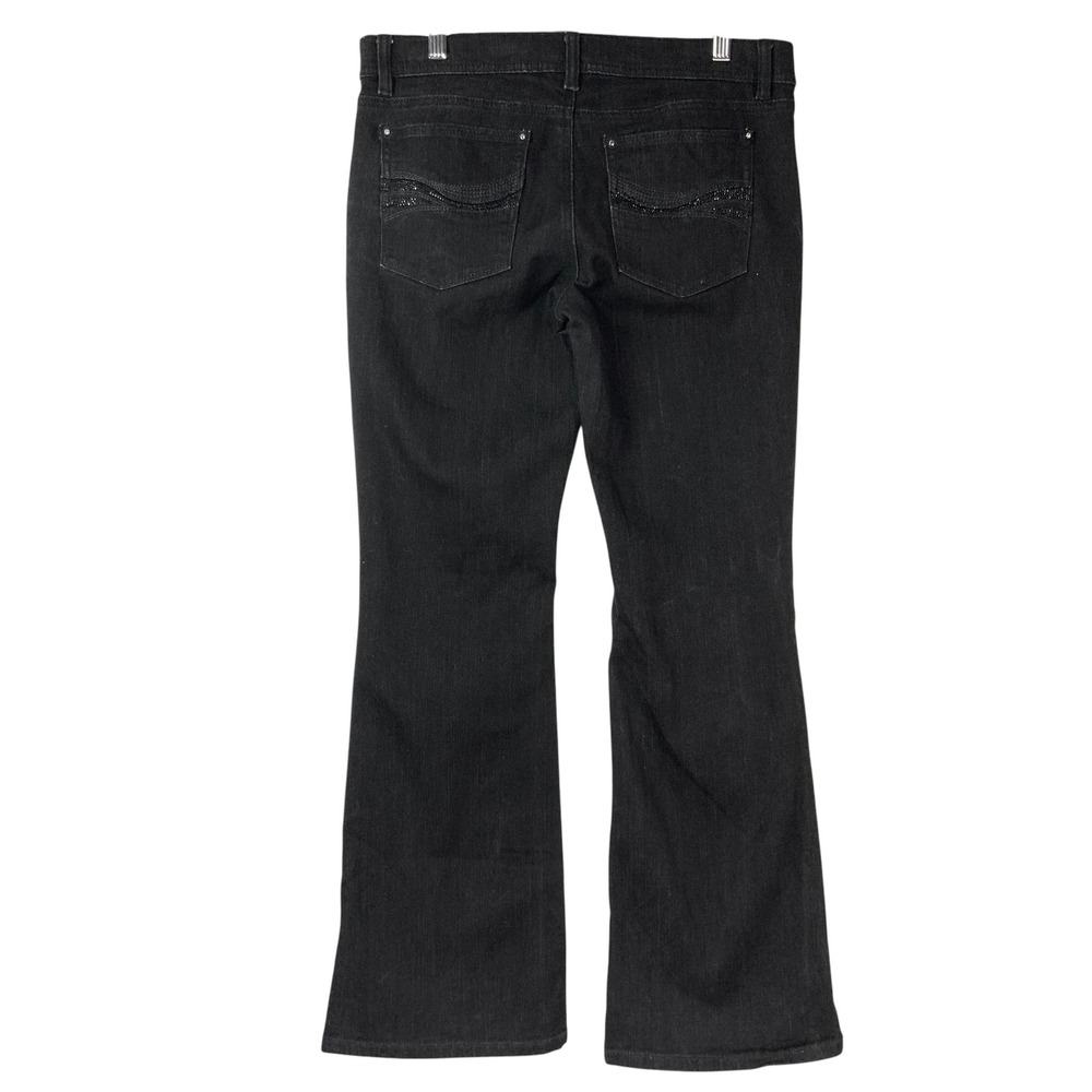 White House Black Market Noir Black Flare Jeans 8S Mid Rise Rhinestone Pockets - Picture 3 of 9
